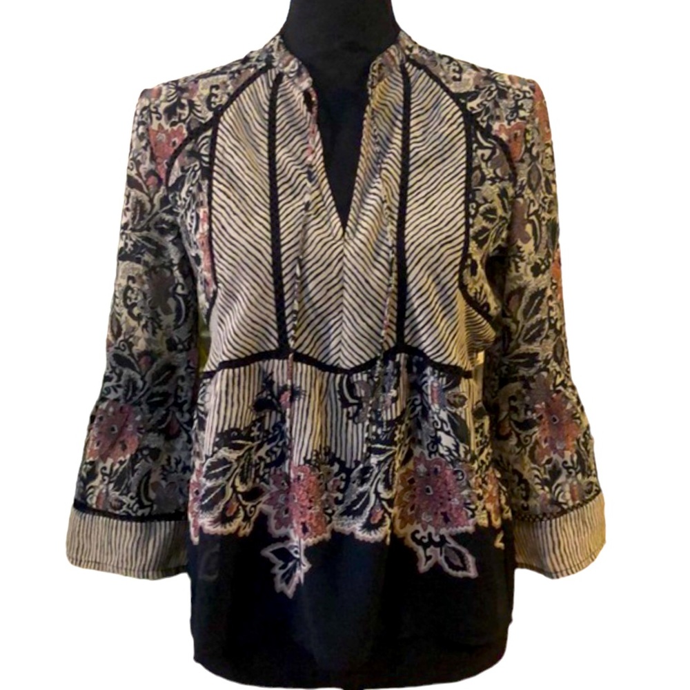 LUCKY BRAND FLORAL AND STRIPED LONG SLEEVE TOP BLACK MAUVE SIZE XS